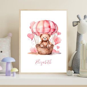 Poster Baloão de Ar Quente de Urso de Pelúcia Rosa para Q