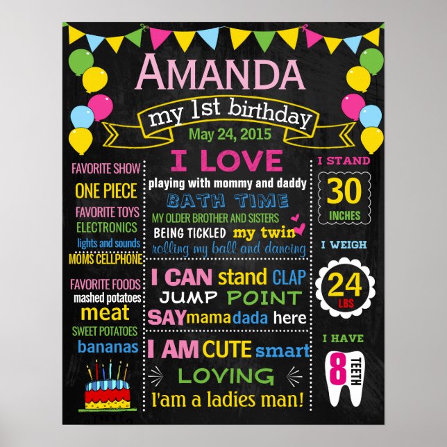 Poster Balões, 1º aniversário, sinal do quadro de referên (Frente)