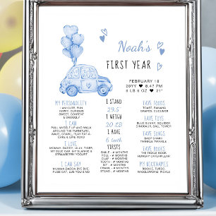 Poster Balões Azuis e Carro Aniversário de 1 Ano Marco Mí