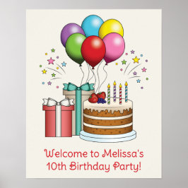 Poster Balões Coloridos De Aniversário Com Bolo E Present