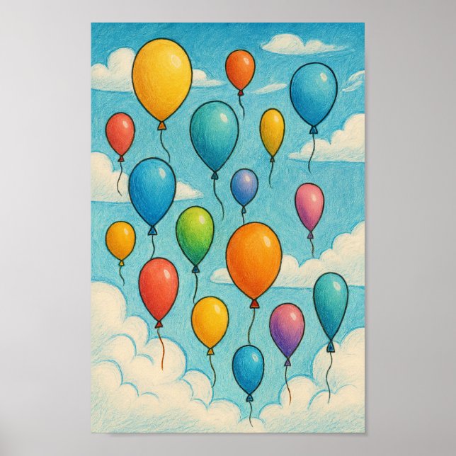 Poster Balões Coloridos Sonhadores Nuvens Arte Quarto de  (Frente)