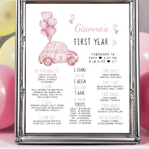 Poster Balões Cor-de-Rosa e Carro Aniversário de 1 Ano Ma