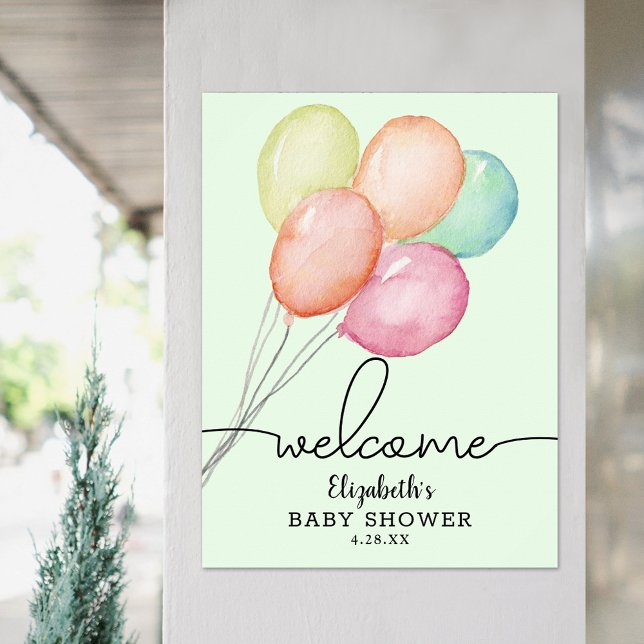 Poster Balões de Aquarela Chá de fraldas Unisex Bem-vindo (Watercolor balloons on green unisex baby shower welcome poster, PRINTED and/or INSTANT DOWNLOAD)