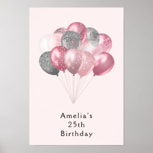 Poster Balões de brilho rosa e prata de aniversário