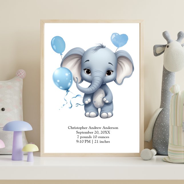 Poster Balões de Elefante Azul Nascimento (Blue Elephant with Balloons Baby Boy Nursery Wall Art Birth Stats Print)