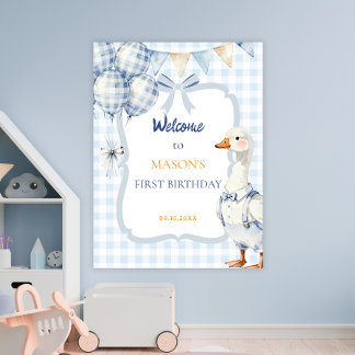 Poster Balões de Ganso Festivo Menino Primeiro Aniversári