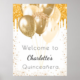 Poster Balões de ouro branco de quinceanera bem-vindos