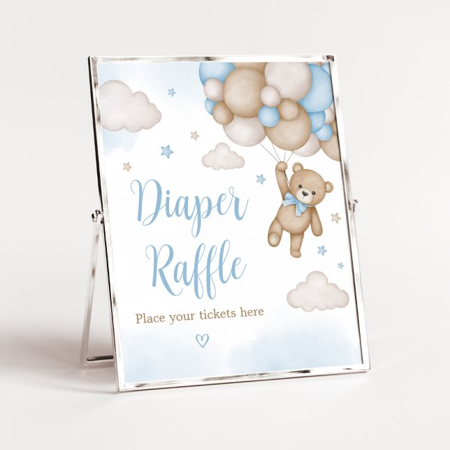 Poster Balões de Urso Azul - Fralda Raffle (Blue Bear Baby Shower Diaper Raffle Sign)