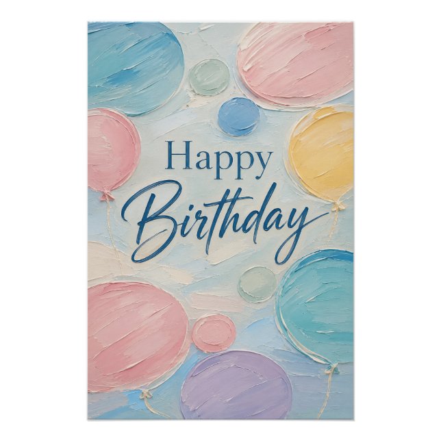 Pôster Balões Pastéis de Aniversário Pinceladas (Frente)
