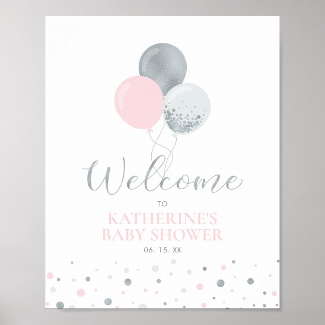 Poster Balões Prata e Rosa | Bem-vindo ao Chá de Bebê Men (Frente)