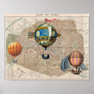 Pôster Balões sobre Paris Vintage France Map
