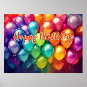 Poster Baloões de Arco-Íris de Aniversário Feliz