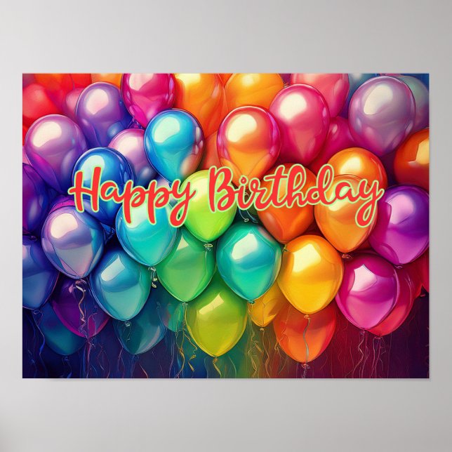 Poster Baloões de Arco-Íris de Aniversário Feliz (Frente)