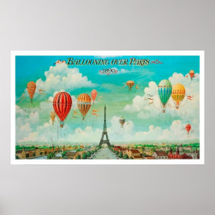 Poster Balooning sobre Paris, balões hotair, vintage