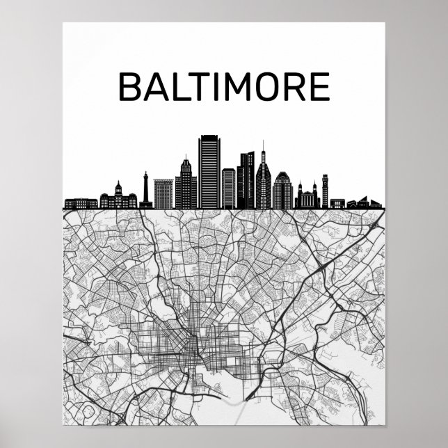 Poster Baltimore Maryland City Skyline with Map (Frente)