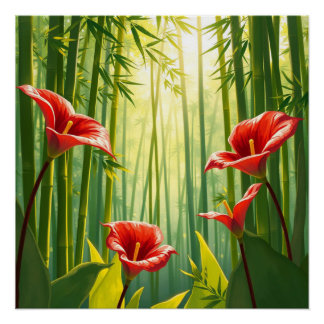 Pôster bamboo forest with red callas