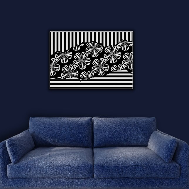 Poster Bandas Florais Mínimas Pretas e Brancas (Minimalist Torn Black & White Floral Stripes Poster)