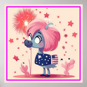 Poster Bandeira Americana com Flamingo Cartoon-69219