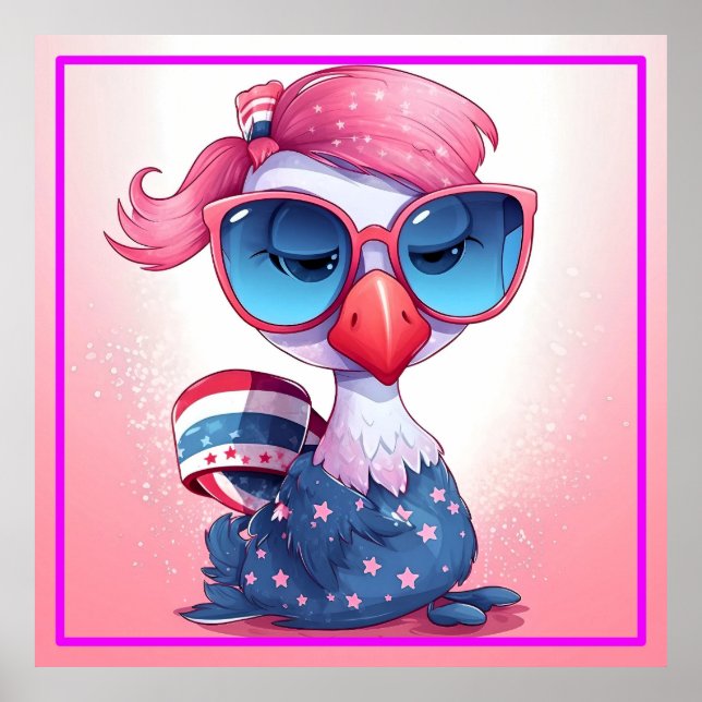 Poster Bandeira Americana com Flamingo Cartoon-69679 (Frente)