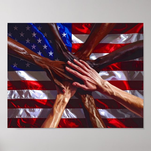 Poster Bandeira Americana com mãos de vários americanos (Frente)