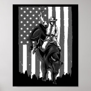 Poster Bandeira Americana de Montaria de Touro Cowboy 4 d