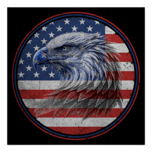 Pôster Bandeira Americana Distorcida Vintage Águia