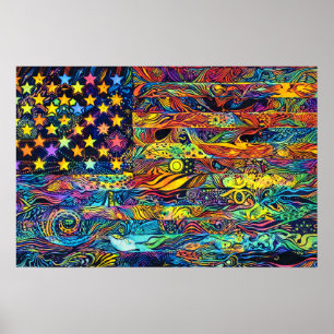 Poster Bandeira Americana dos EUA Retro Anos 60 Arte Psic