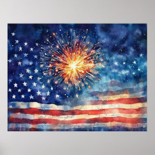 Poster Bandeira americana e fogos de artifício. 