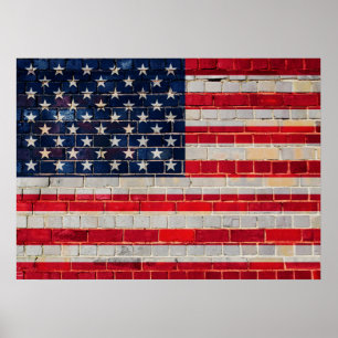 Poster Bandeira americana em uma parede de tijolos