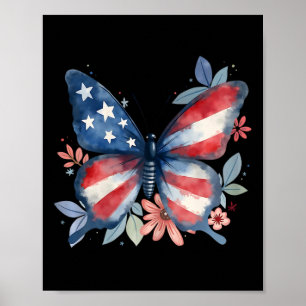 Poster Bandeira Americana Floral Borboleta EUA 4 De Julho