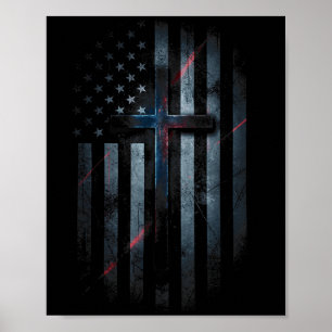 Poster Bandeira Americana Grunge E Cruz Fé Família Liberd