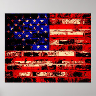 Pôster Bandeira americana na parede de tijolo velha