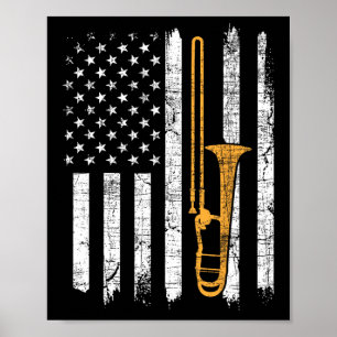 Poster Bandeira Americana Trombone - Trombonista Amor Mús