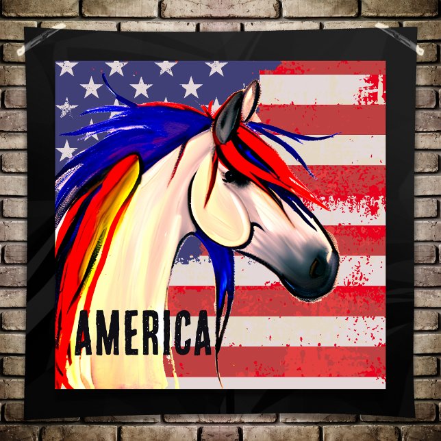 Poster Bandeira Americana Vermelha e Cavalo Azul (Patriotic American Flag Red White and Blue Horse Poster)