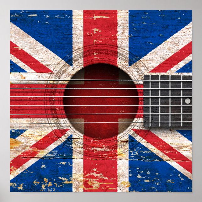 Pôster Bandeira britânica na antiga guitarra acústica (Frente)