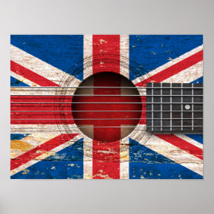 Pôster Bandeira britânica na guitarra acústica velha