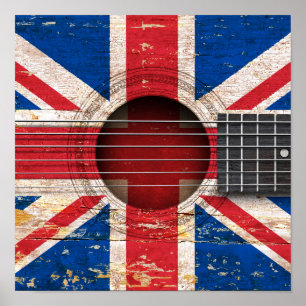 Pôster Bandeira britânica na guitarra acústica velha