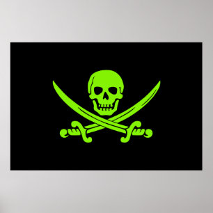 Pôster Bandeira de pirata alegre verde de néon de Roger
