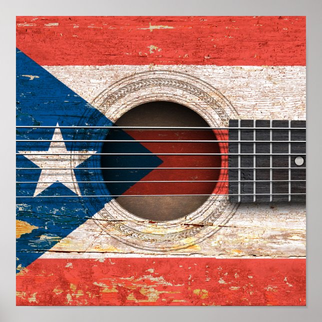 Pôster Bandeira de Porto Rico no Violão Acústico Antigo (Frente)