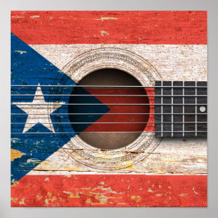 Pôster Bandeira de Puerto Rico na guitarra acústica velh