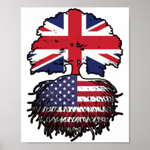 Poster Bandeira de Raízes de Árvore Britânica Americana