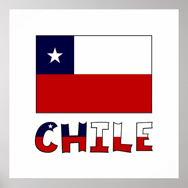 Pôster Bandeira do Chile e Nome em Cor (Frente)