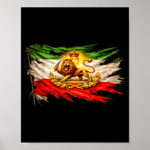 Poster Bandeira do Irã com emblema de leão e sol, Persia 
