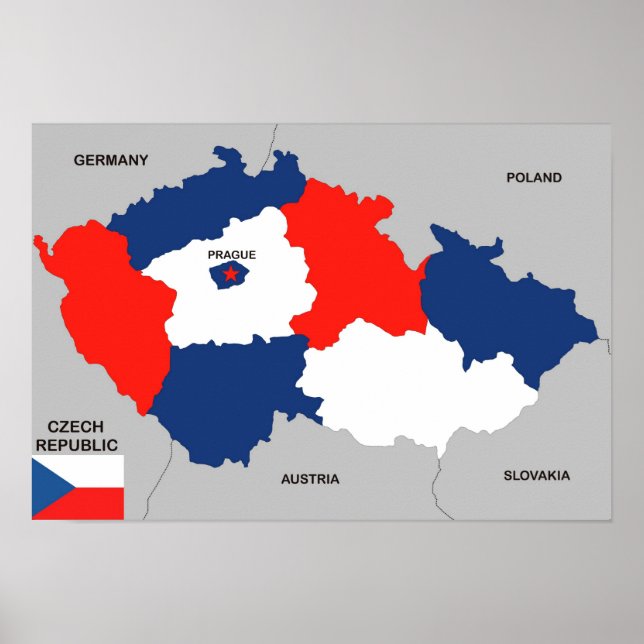 Pôster bandeira do mapa político da república checa (Frente)