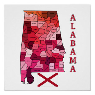 Pôster Bandeira e mapa de Alabama