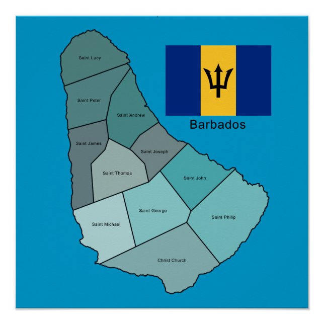 Pôster Bandeira e mapa dos Barbados (Frente)