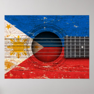 Poster Bandeira filipina na guitarra acústica velha