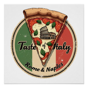 Pôster Bandeira italiana com a pizza Vintage Roma & Nápol