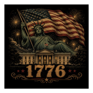 Pôster Bandeira Patriótica Americana de 1776 Estátua da L