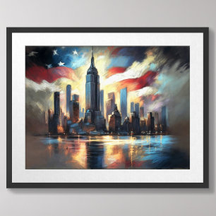 Poster Bandeira Patriótica dos EUA sobre a Cidade Skyline